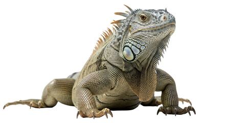 Green iguana isolated PNG, large lizard with spiky scales on transparent background, exotic pet for wildlife and reptile design