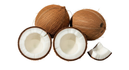 Fresh coconuts PNG isolated on transparent background, tropical fruit with brown shell and white flesh for healthy eating and exotic cuisine