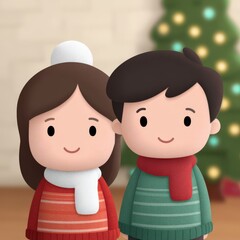 Fototapeta premium Two animated children stand side by side in cozy winter clothing, smiling happily in front of a bright, decorated tree, evoking a sense of holiday joy