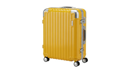 Yellow suitcase isolated PNG on transparent background, stylish luggage for travel and vacations, modern design with silver accents