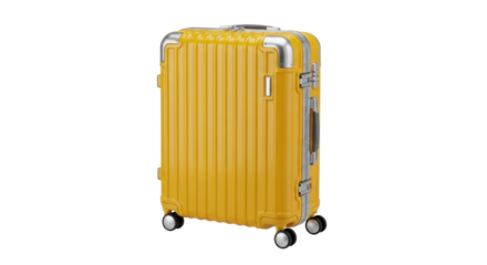 Yellow suitcase isolated PNG on transparent background, stylish luggage for travel and vacations, modern design with silver accents