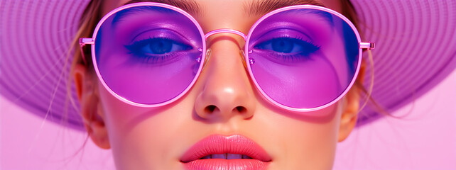 Fashion portrait of woman with pink sunglasses and hat. Retro style female model face with makeup
