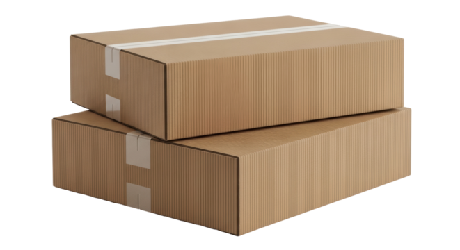 Two stacked cardboard boxes isolated PNG, brown corrugated containers for shipping and storage on transparent background