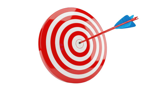 Red and white target with blue arrow isolated PNG, bullseye hitting the center for success and accuracy in business and marketing