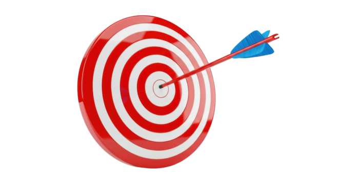 Red and white target with blue arrow isolated PNG, bullseye hitting the center for success and accuracy in business and marketing