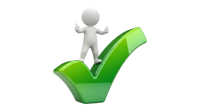 3D stick figure standing on a green check mark isolated PNG, concept of approval and success on transparent background