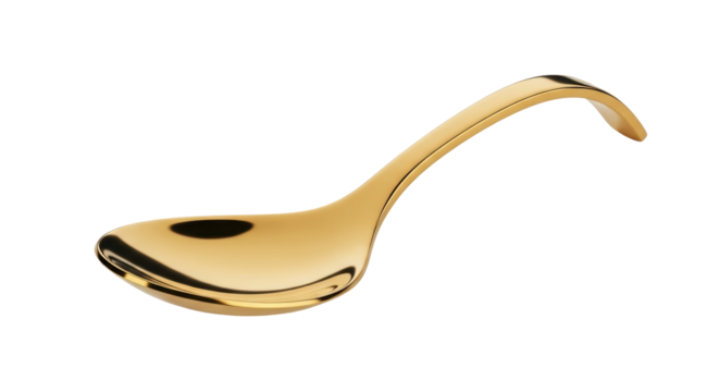 Elegant golden spoon isolated PNG on transparent background, shiny metal utensil for food presentation and culinary design