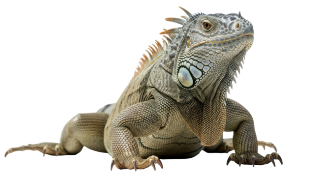 Green iguana isolated PNG, large lizard with spiky scales on transparent background, exotic pet for wildlife and reptile design