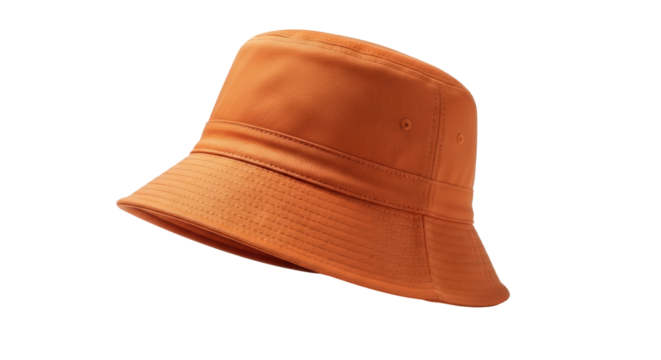 Orange bucket hat isolated PNG, stylish sun hat for summer fashion and outdoor activities, on transparent background
