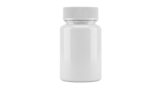 Blank white plastic bottle isolated PNG, supplement container for pills or capsules on transparent background, healthcare and medicine