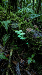 Cluster Of Small Green Bioluminescent Mushrooms On Mossy Log In Forest glowing