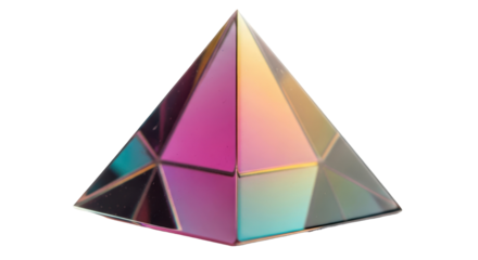 Iridescent crystal pyramid isolated PNG on transparent background, colorful geometric shape for design and decoration, modern art object