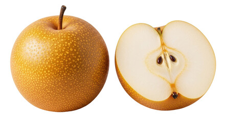 Golden Asian pear PNG isolated on transparent background, whole and half fruit with seeds, healthy eating and fresh produce