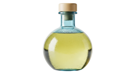 Round glass bottle with yellow liquid isolated PNG, blue neck and wooden stopper on transparent background, vintage apothecary container