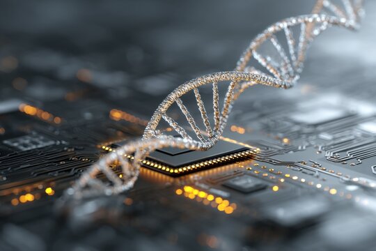 Futuristic digital DNA helix arises from a microchip in a high-tech laboratory environment showcasing advanced biotechnology