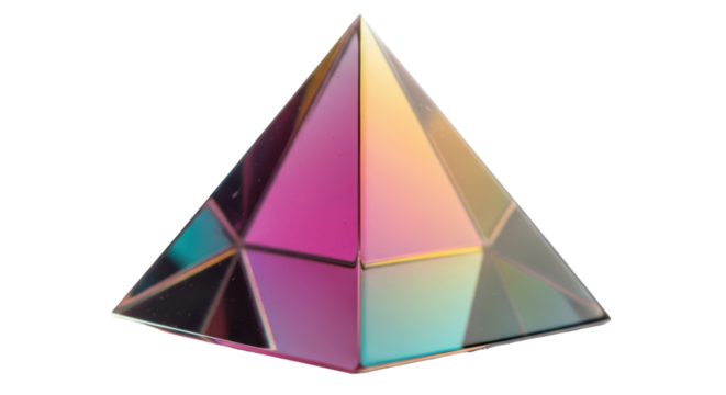 Iridescent crystal pyramid isolated PNG on transparent background, colorful geometric shape for design and decoration, modern art object - Powered by Adobe