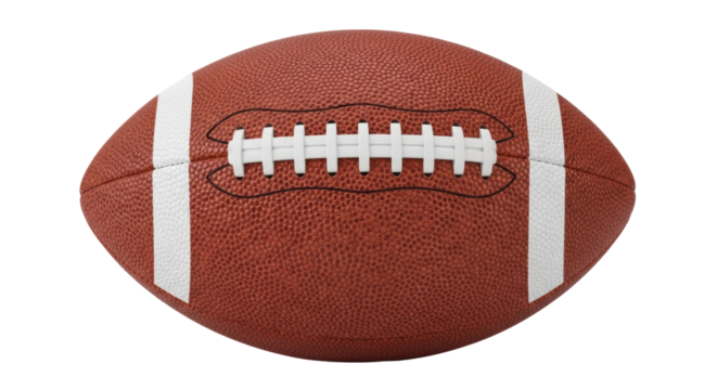 American football isolated PNG, brown leather ball with white stripes and laces for sports equipment and game day designs