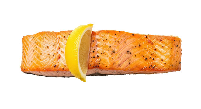 Grilled salmon fillet with lemon isolated PNG, delicious cooked fish with citrus garnish on transparent background for healthy eating concepts