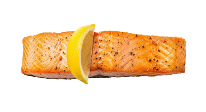 Grilled salmon fillet with lemon isolated PNG, delicious cooked fish with citrus garnish on transparent background for healthy eating concepts