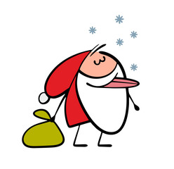 Naklejka premium Cute funny character, Santa Claus catches snowflakes with his tongue in a snowfall on the street. Vector illustration of an old man and a bag of gifts.