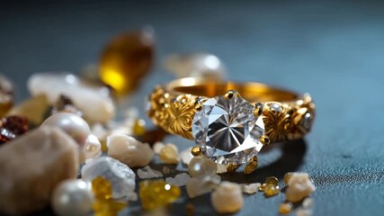 Ultra HD Closeup of a luxurious golden diamond ring with intricate details, surrounded by shimmering pearls, raw crystals, and amber on a dark surface video - Powered by Adobe