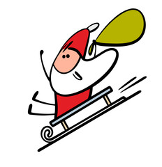 Cheerful Santa Claus rides down the hill on a sled and rejoices. Vector illustration of winter entertainment for an old man with a beard. A fairy-tale character rushes to the children with a bag.