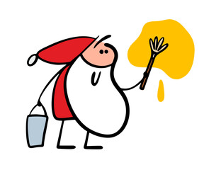 Cartoon Santa Claus paints the wall with yellow paint. Vector illustration of an old painter at work holding a brush and a bucket of paint. The famous artist.