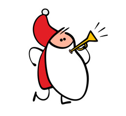 Funny cartoon Santa Claus blows a trumpet, plays music. Vector illustration of a Christmas carol and a New Year's melody on wind instruments. A musician with a beard in a winter orchestra.