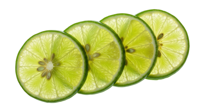 Four lime slices isolated on transparent background PNG, vibrant green citrus fruit for refreshing summer drinks and healthy eating concepts