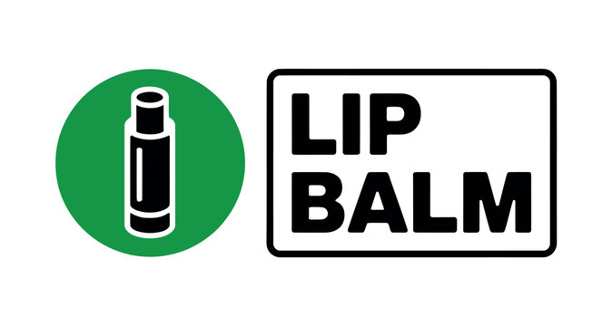 A green circle contains a graphic of a lip balm tube next to a white rectangle with the words LIP BALM.