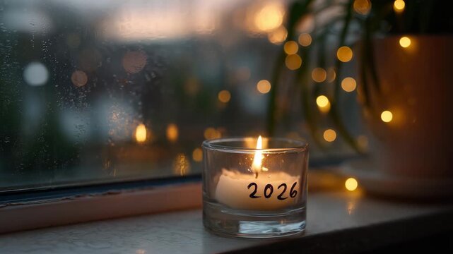 4K Frosted window with ""2026"" drawn on glass, candle behind, cozy winter home, warm tones, bokeh lights, New Year birthday mood, atmospheric photo, close-up, nostalgia