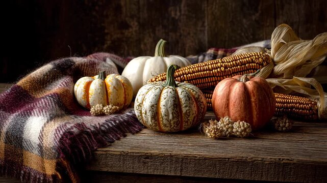Ultra HD Autumn harvest display with various pumpkins, decorative corn, and a cozy plaid blanket on a rustic wooden table, perfect for thanksgiving and fall themes video