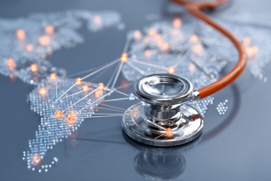 Health technology connects global networks with a stethoscope overlay on a map highlighting data and communication pathways