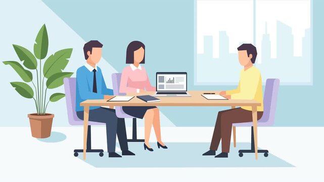 Flat vector illustration of a professional business job interview and meeting situation inside modern office room