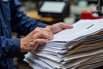 Detailed close-up image of an experienced mechanic sorting through neatly arranged car service documents.