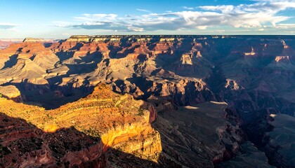 Expansive view of a sunlit canyon with vibrant colors and dramatic shadows under a partially cloudy sky