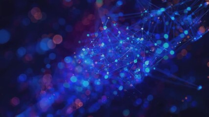 Close-up of a complex glowing blue and orange network structure with blurred bokeh lights in the background - Powered by Adobe