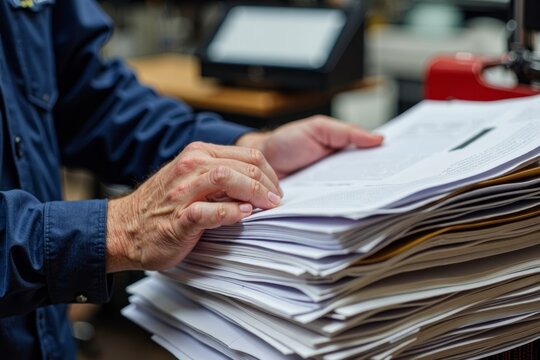 Detailed close-up image of an experienced mechanic sorting through neatly arranged car service documents.