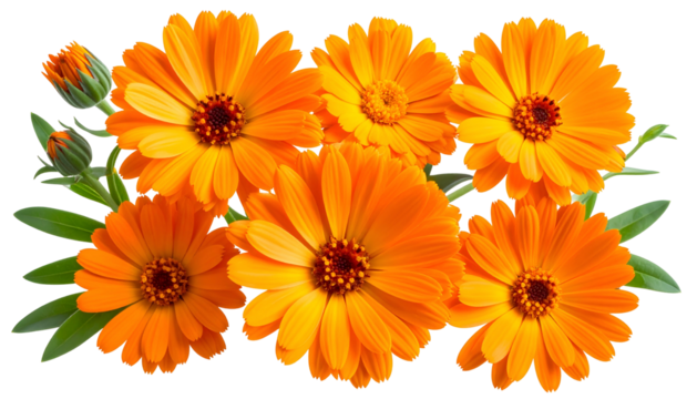 Close-up of vibrant orange flowers with dark centers and green foliage against a black bg