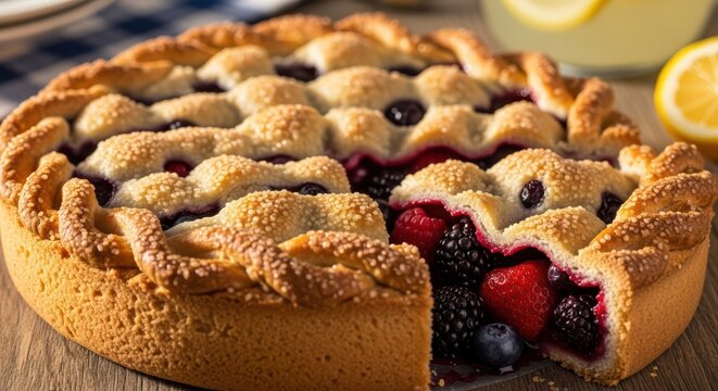 Delicious mixed berry pie with lattice crust and fresh summer berries - Powered by Adobe