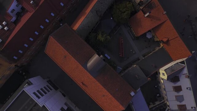 Aerial view of buildings with red rooftops, Malmo, Sweden.