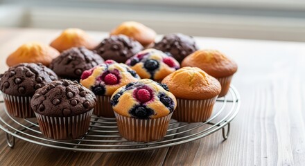 Assorted chocolate and berry muffins on wire rack