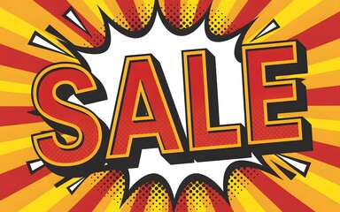Vibrant comic book style sale text in a dynamic speech bubble with radial background