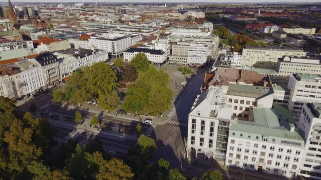 Aerial view of buildings and trees in Gustav Adolfs torg, Malmo, Sweden.