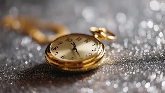 4K Golden pocket watch showing sparkling background, countdown to 2026, vintage style, macro photo, elegant tones, New Year symbolism, time and hope, timeless