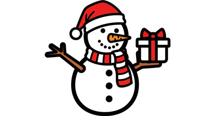 Cartoon snowman wearing a Santa hat and scarf, holding a gift box with a red ribbon.