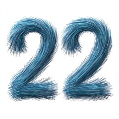 A vibrant, artistic interpretation of the number twenty-two is displayed using blue strands resembling hair. The design captures attention with its fluffy texture