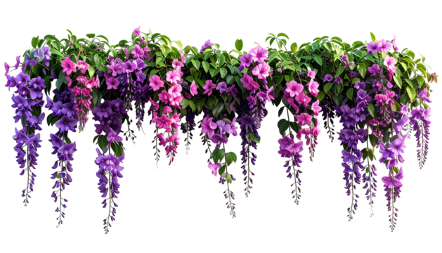 Lush cascade of purple and pink flowers with green foliage, isolated on black