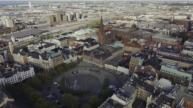 Aerial view of St. Peter's Church and Stortorget, Malmo, Sweden.