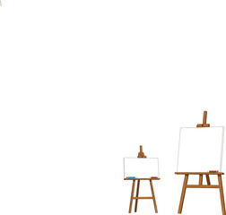 Fototapeta premium Wooden Art Easel Vector Set Featuring Large and Small Tripod Stands with Blank Canvas and Chalk/Erasers for Painting, Presentation, and Education.